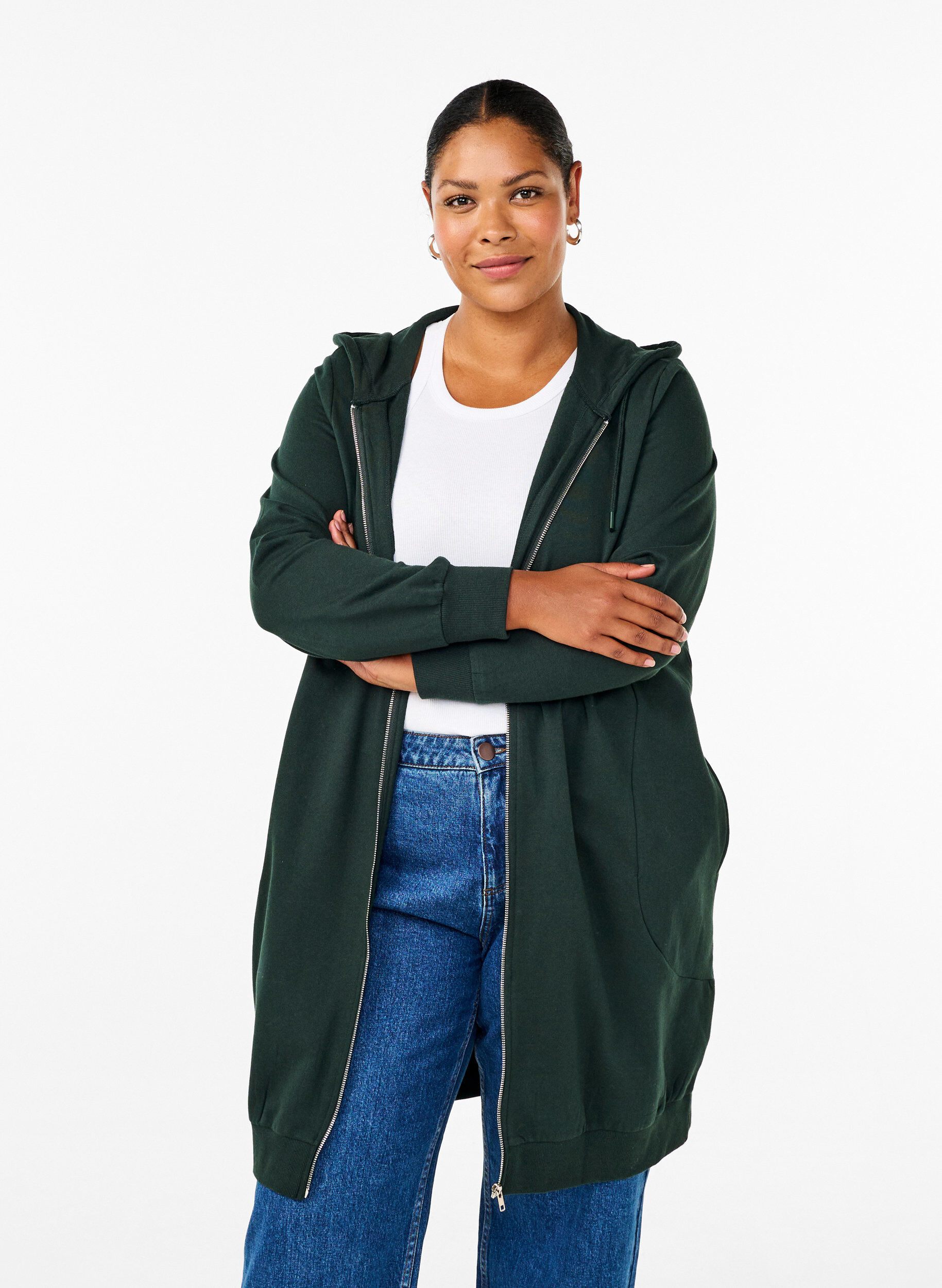 Lang bomulds sweat cardigan med hætte