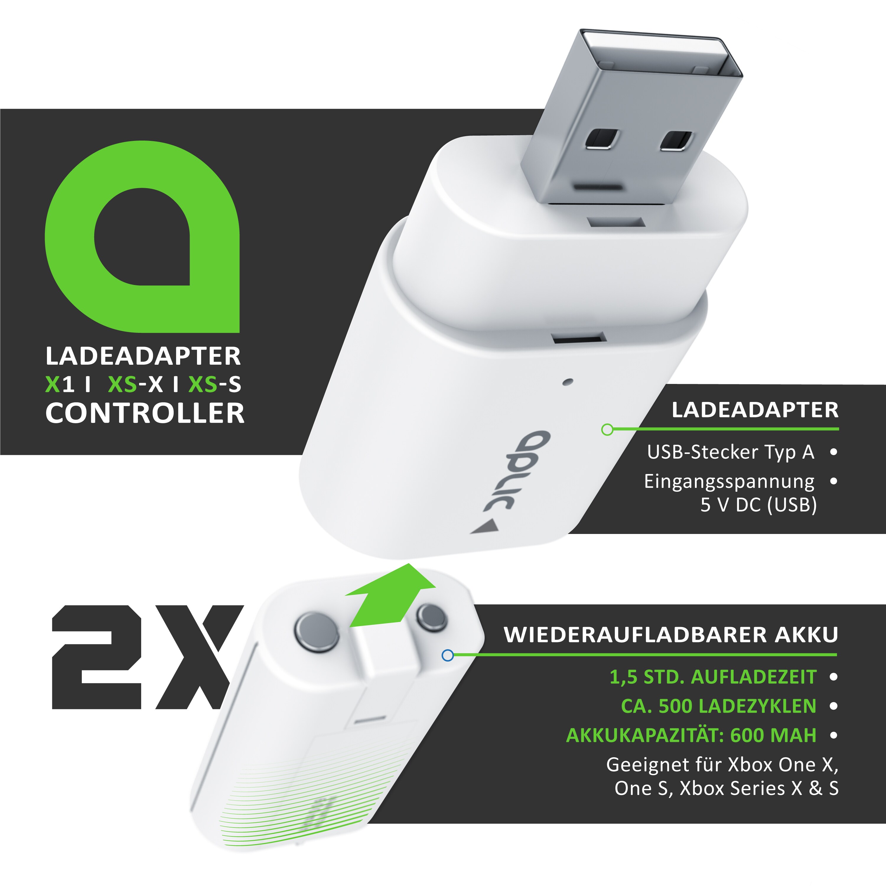 Aplic Ladegerät für XBox One Controller und Xbox Series Gamepad - 2 x Akkus 600 mAh für Gamepads - Ladeadapter - für / kompatibel mit XBox One S X