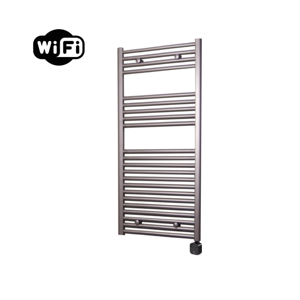 Sanicare Carini elektrische Wifi radiator 112x60cm inox-look met thermostaat zwart rechtsonder