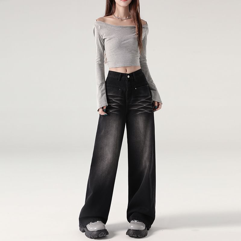 Denimot - High Waist Washed Wide Leg Jeans (diverse designs)