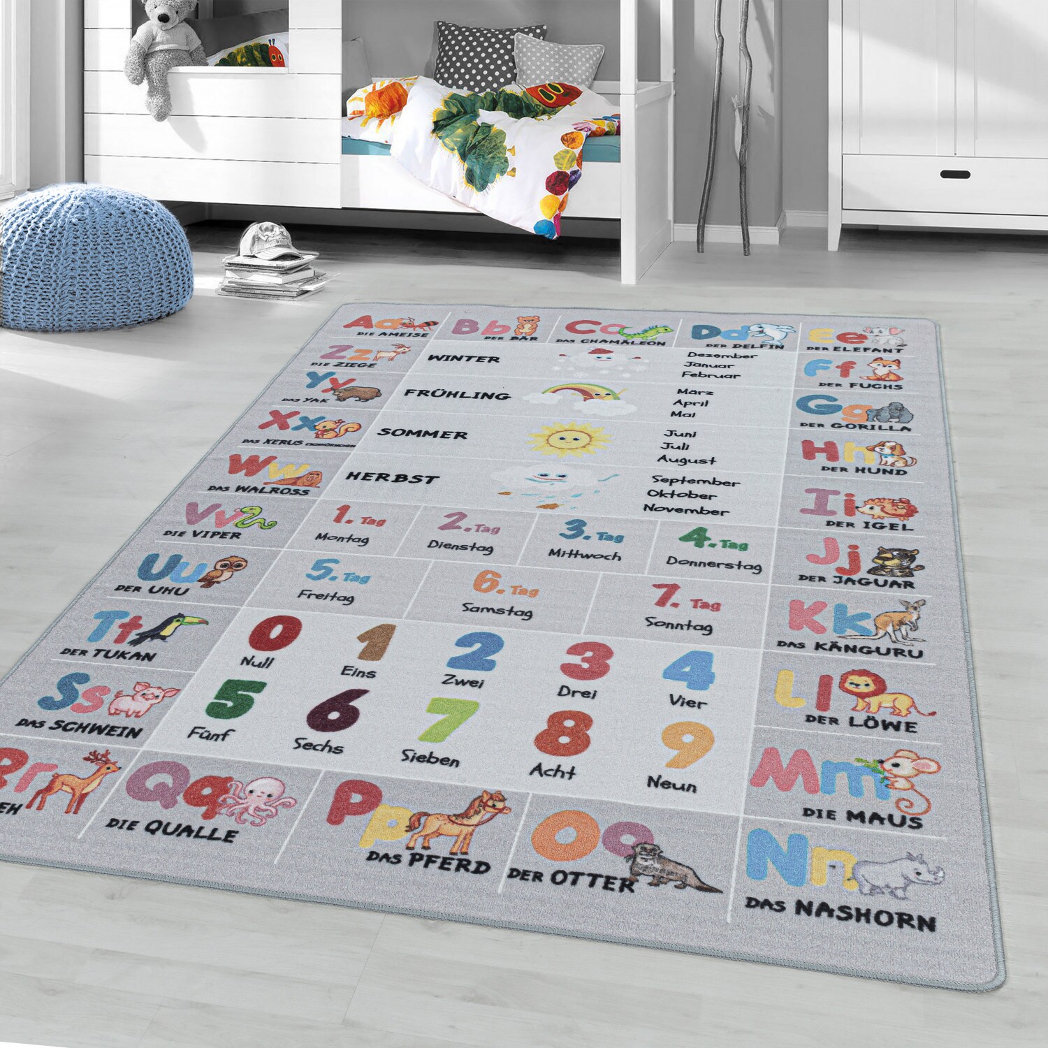 Kinderteppich Spielteppich Hüpfkästchen Zahlen Tiere rechteckig höhe 8 mm