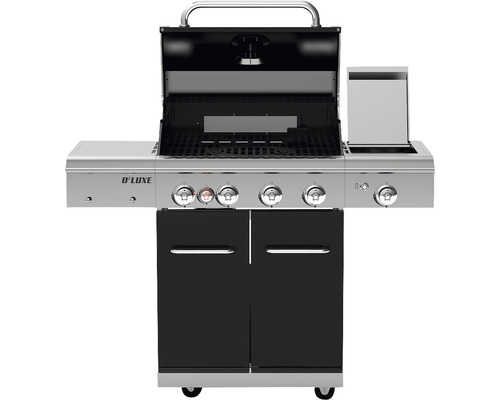 Nexgrill 4-pits gasbarbecue met achterbrander en zijbrander, zwart, inclusief rooster, dekselthermometer, vetopvangbak, grillrooster, hittebestendige handgreep, achterbrander, zijblad, zijtafel en warmhoudrek. Geëmailleerd grillrooster van gietijzer.