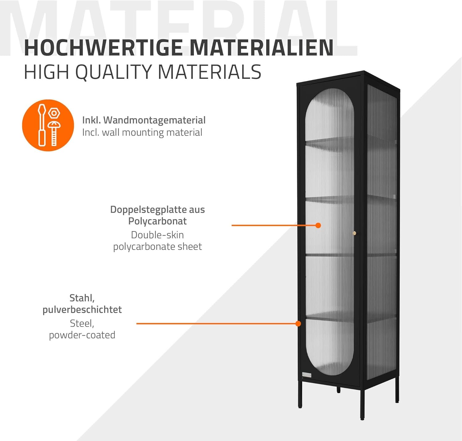 ML-Design Vitrinenschrank 42x175x40 cm, Schwarz, Schmale Vitrine mit 5 Ablagen und 1 Tür, Wohnzimmer Metallschrank aus Stahl, Industrieller Stil, Hochschrank Bücherschrank Aktenschrank Büroschrank
