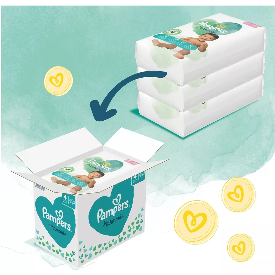 Pampers Windel-Set Harmonie Gr. 4, 9-14 kg (174 Windeln) und Feuchttücher Aqua 720 Tücher (15 x 48 Stk)