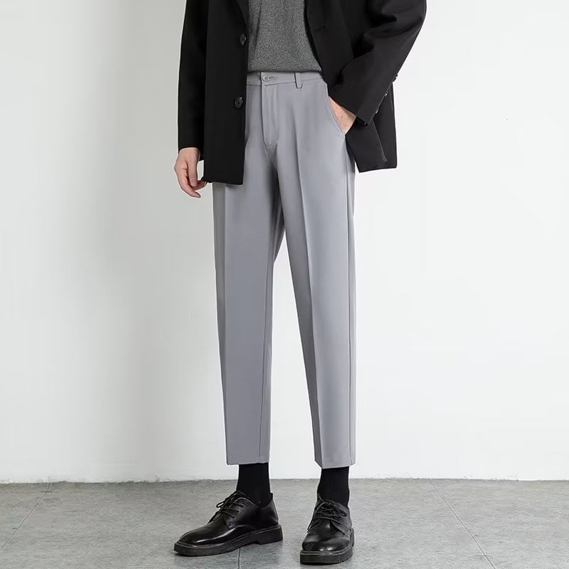 Naideth - Mid Rise Plain Cropped Straight Leg Dress Pants