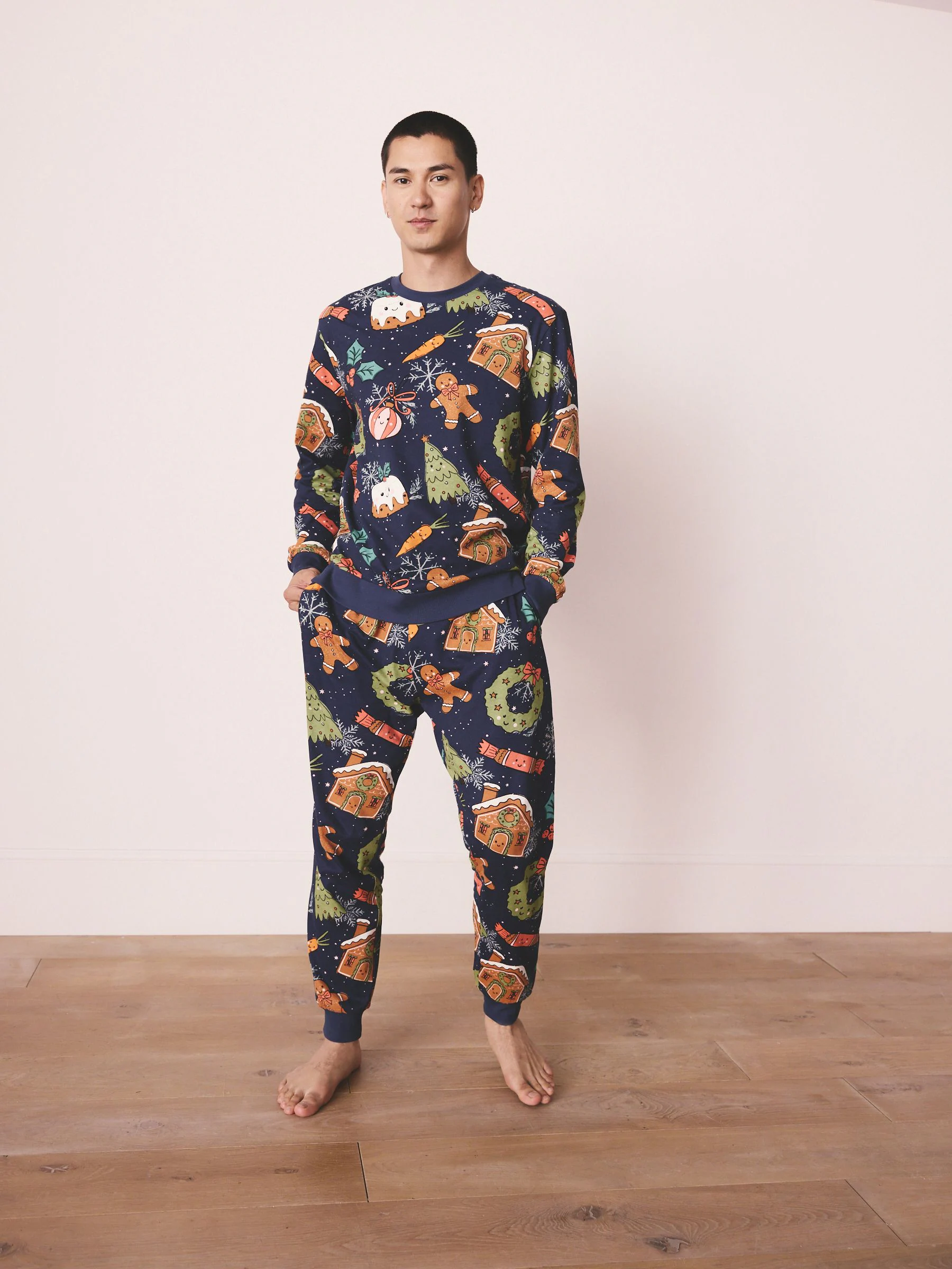 Marineblauw met pudding - Bijpassende familie Kerstmis Pyjama's met Lange mouwen
