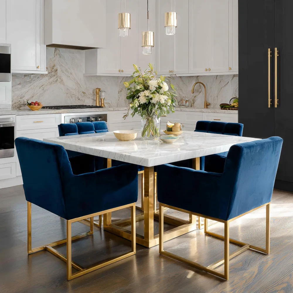 Esszimmer-Set Marmor-Tisch 120x120x75 cm mit blauen Samtstühlen - Mode