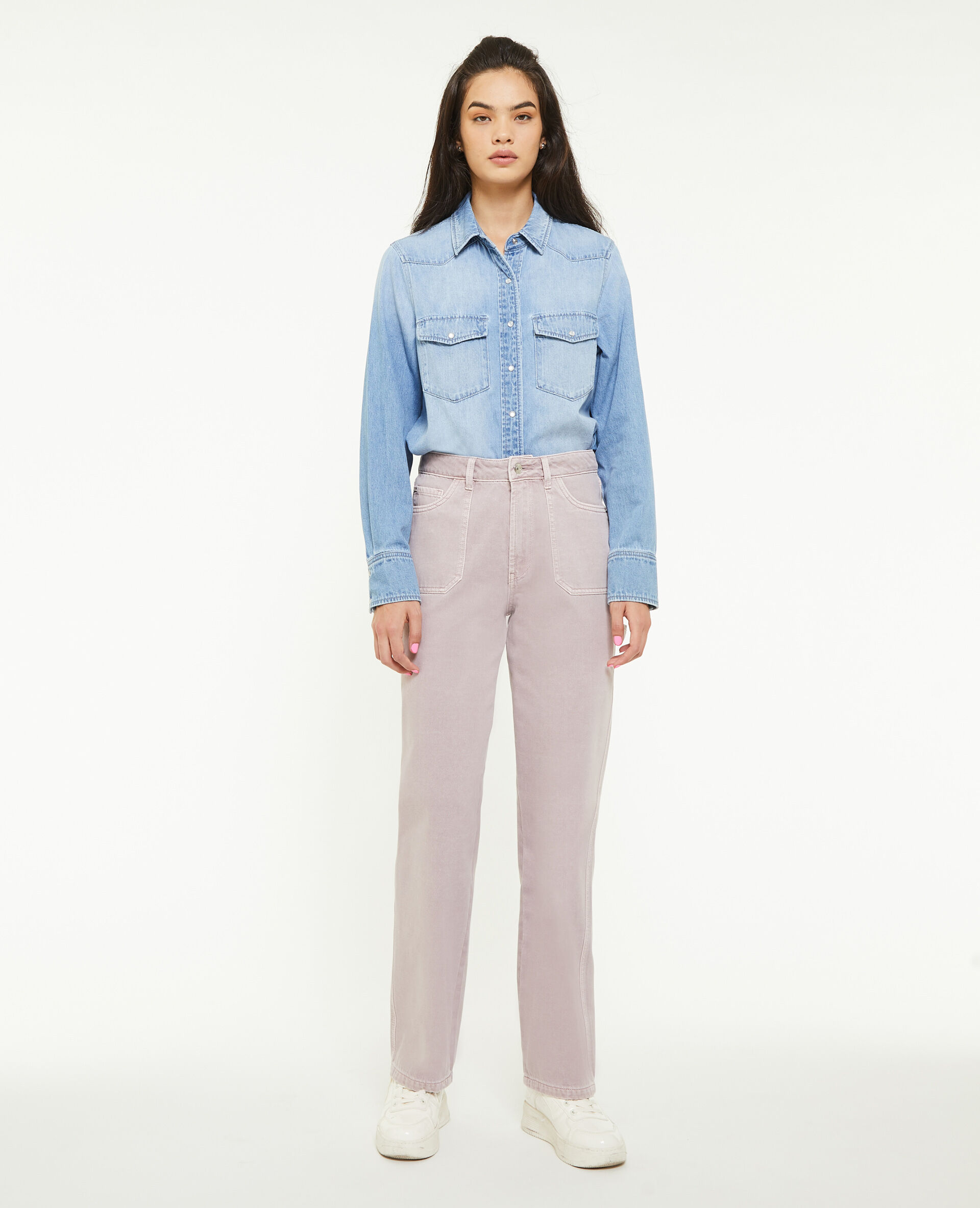 Jean droit taille haute poches devant - Lilas