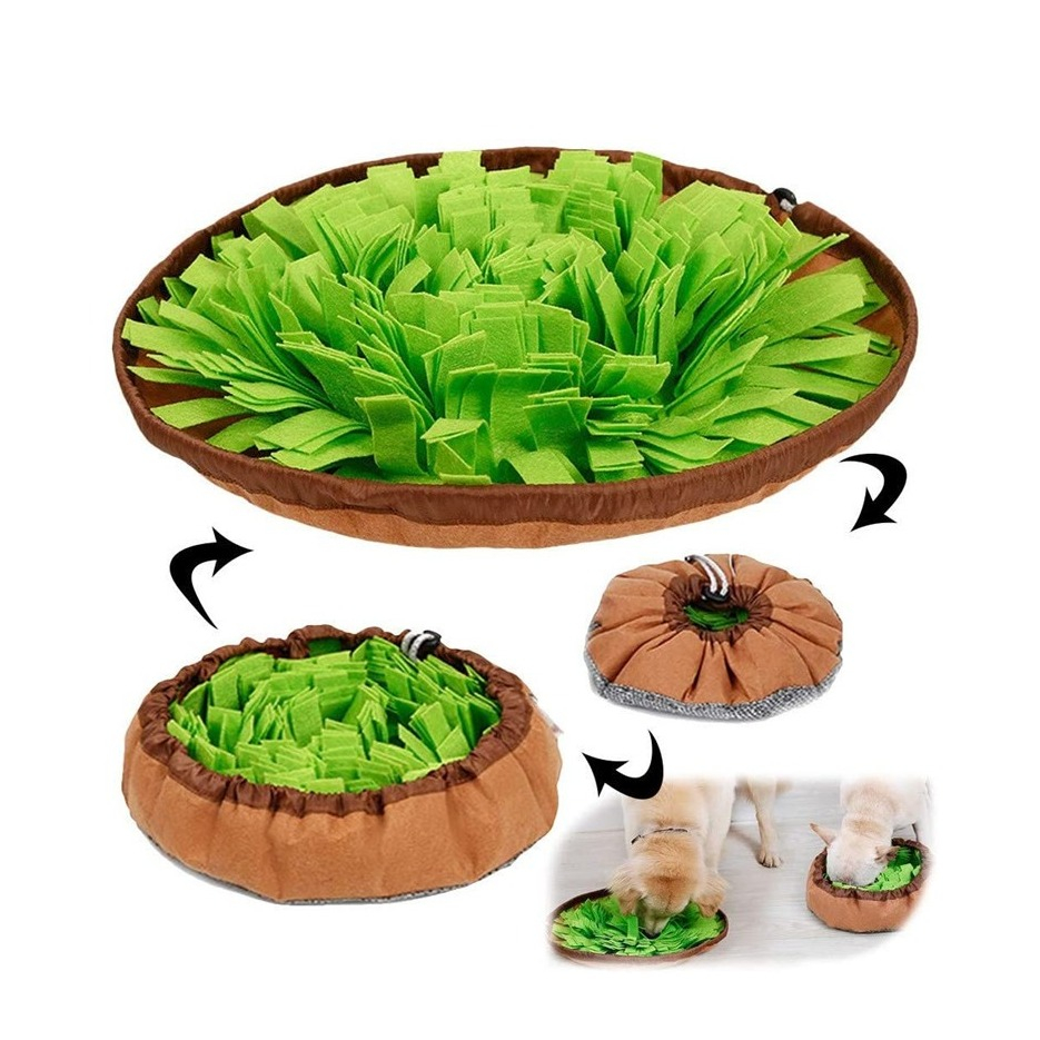 (Ø45cm) Interaktive Hunde Schnüffelmatte Spielzeug Gras Decke  - Grün / Braun