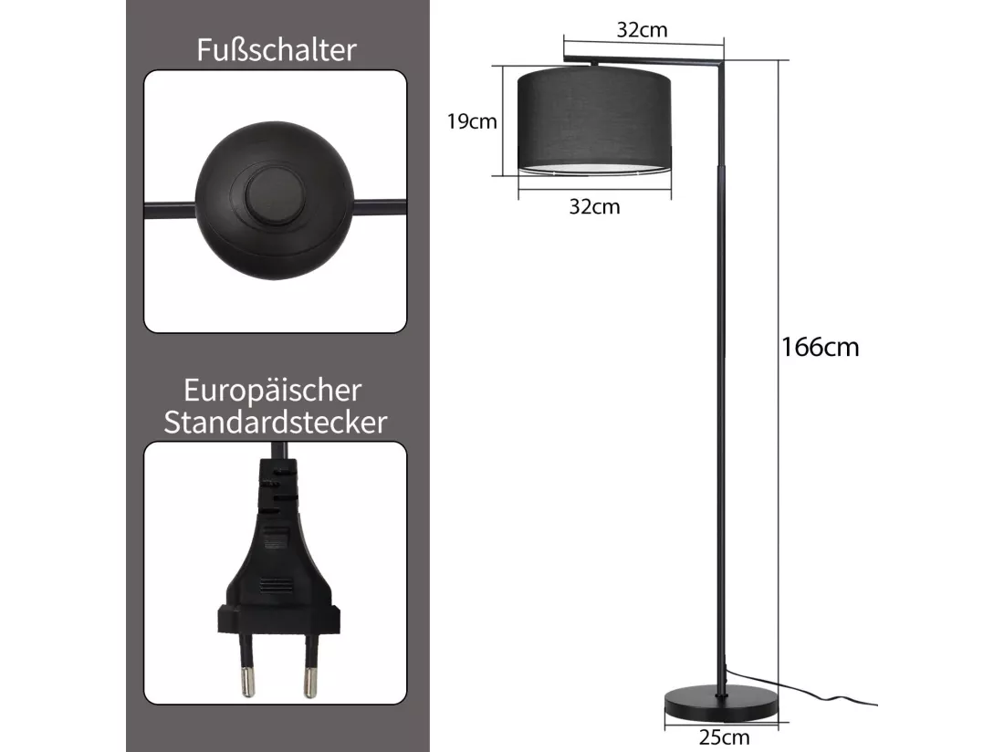NETTLIFE Lampadaire salon noir : tissu design moderne douille E27 max 40W avec interrupteur au pied lampe de lit 166cm sans ampoule.