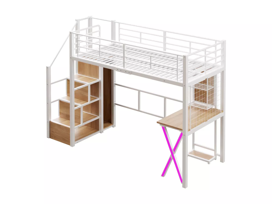 Lit mezzanine 90x200cm avec LED - bureau + penderie + échelle de rangement - Blanc