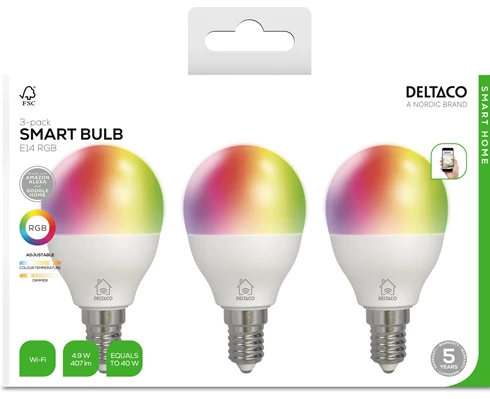 Deltaco SMART HOME RGB bulbs, E14, G45, 5W, mini globe