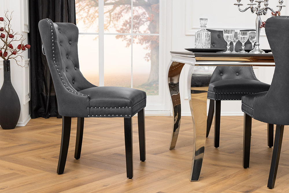 Chesterfield Stuhl CASTLE schwarz Kunstleder Massivholz mit Komfortgriff