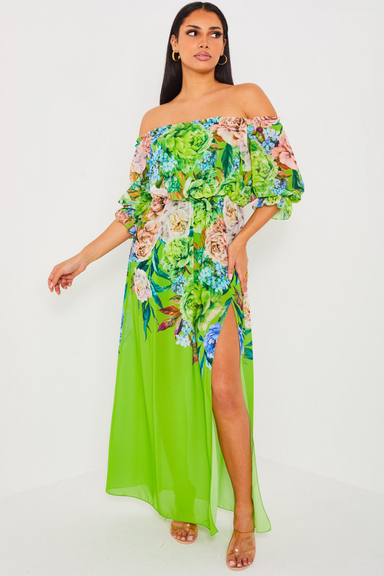 Robe verte longue en voile à fleur