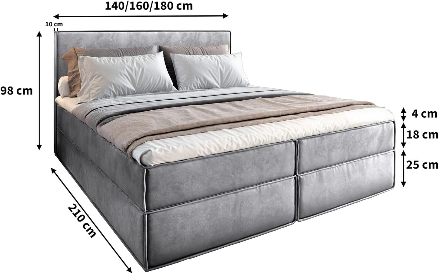 Masseno Boxspringbett PELLIO 180x200 cm Komplett-Set mit Matratze und Topper, Polsterbett mit Zwei Bettkästen -Creme, Monolith 04