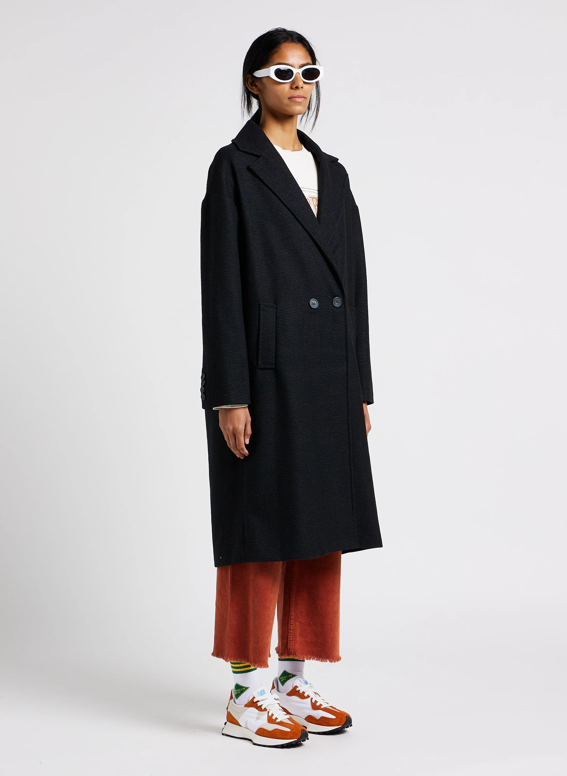 LEO - Manteau long col tailleur en maille mélangée | Noir