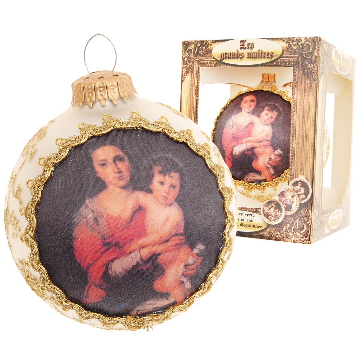 Zilveren matte 8cm zijden beeldbal Moeder en Kind, 1 st., Kerstboomballen, Kerstboomversieringen, Kerstboomornamenten