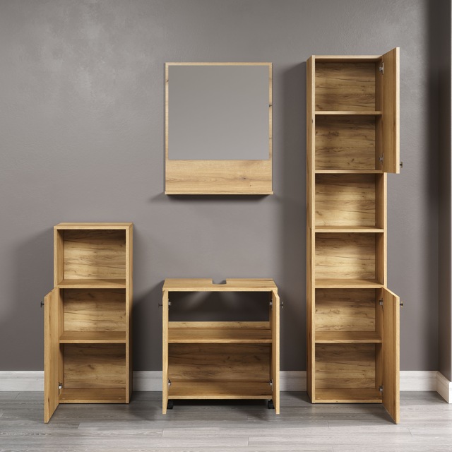 welltime Badmöbel-Set »Amrum Waschbeckenunterschrank Spiegel Hochschrank Badschrank« Komplett-Set, 4 Stk. tlg.