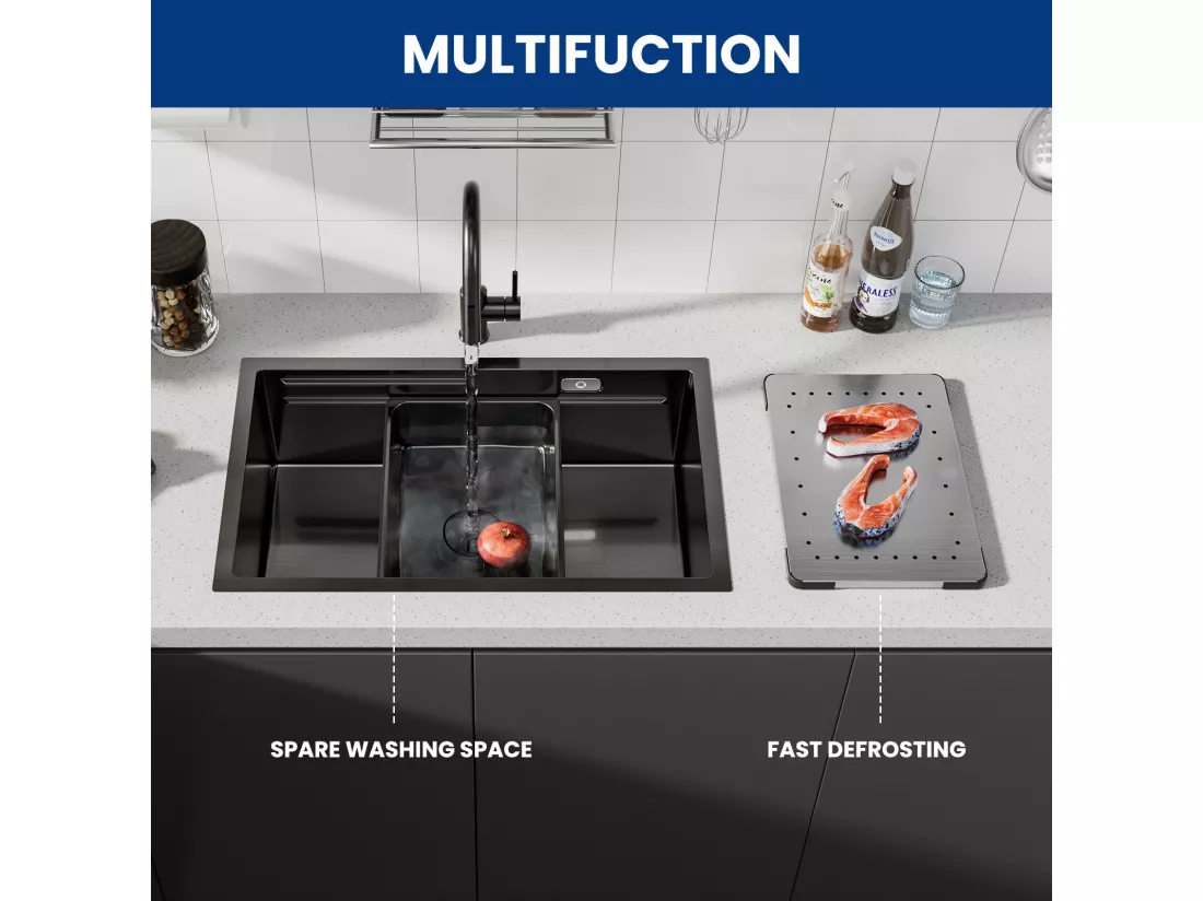 Cecipa MAX Évier Cuisine 1 Bac 70×44×21CM Évier à Encastrer Noir avec Egouttoir et Vasque