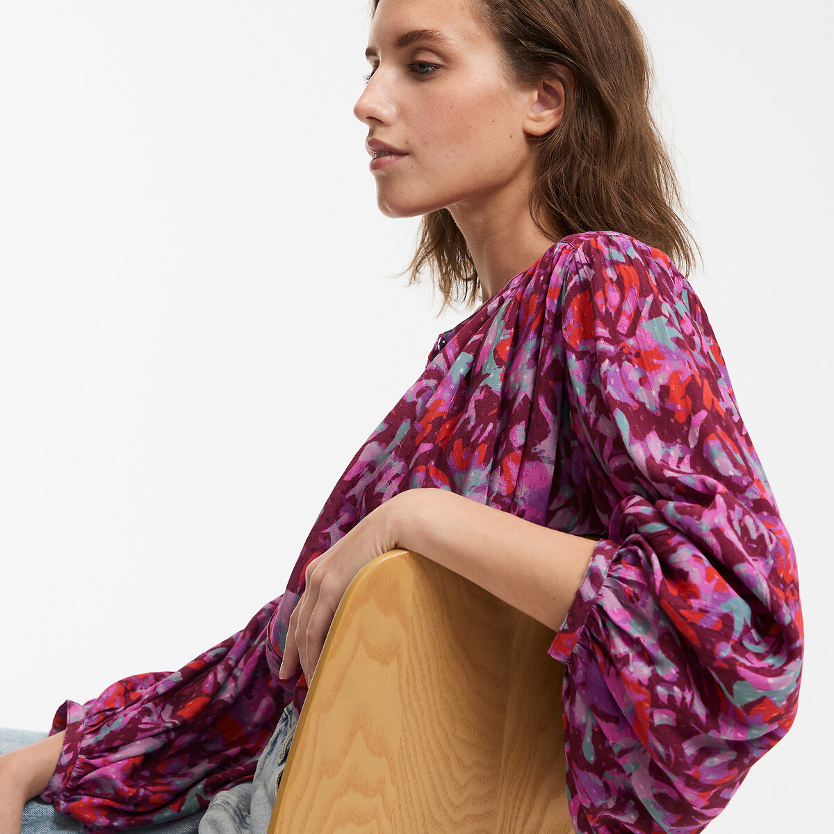 COLEÇÃO LA REDOUTE<br>Blusa com gola mandarim e estampa floral, mangas 3/4