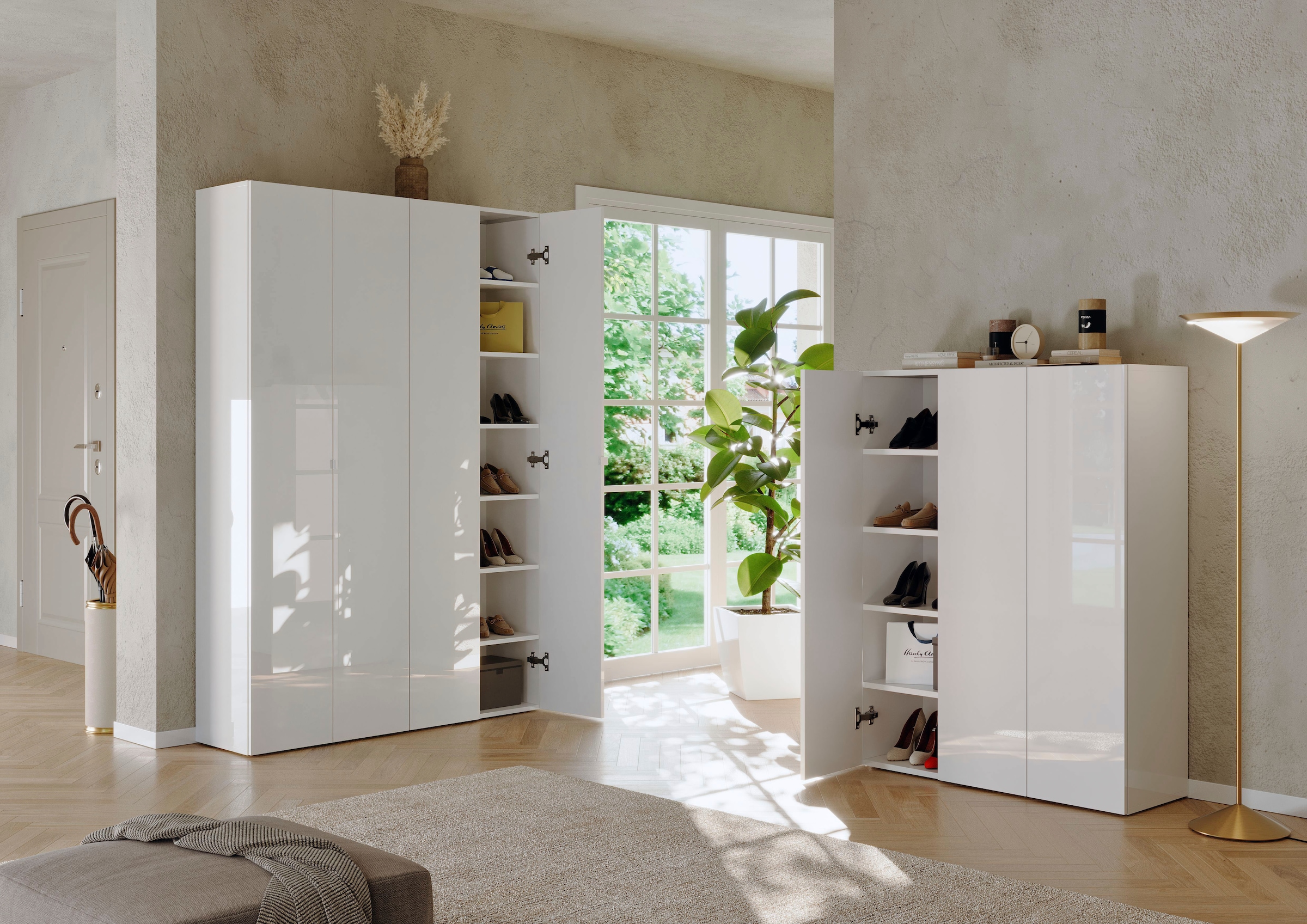 INOSIGN Schuhschrank »SMILE Breite 124 cm, Höhe 184 cm, Schuhregal mit 7 Ebenen, 14 Fächer« Schuhkommode in Weiss Hochglanz Lack, 2 Metallgriffe