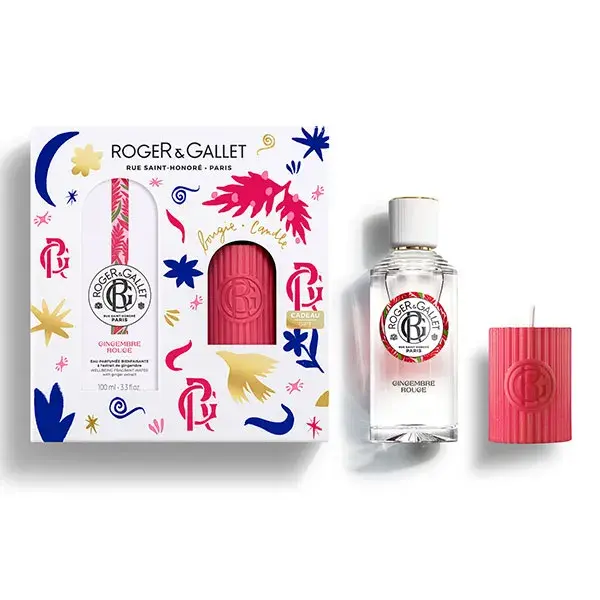 Conjunto de presente Roger & Gallet: Água perfumada de gengibre benéfica 100ml e vela perfumada.