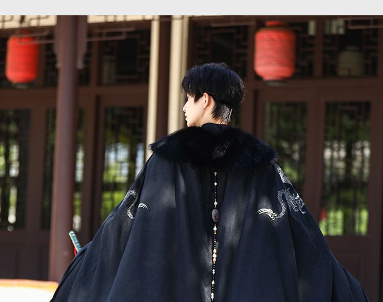 Meisjesbenodigdheden - Oracle Print Hanfu-kostuum / Cape met nepbontkraag en drakenpatroon en stropdas aan de voorkant / Set