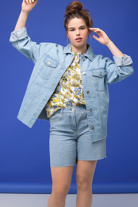 Jeansjacke, Boxy Shape, Glitzersteinchen, Hemdkragen, Langarm