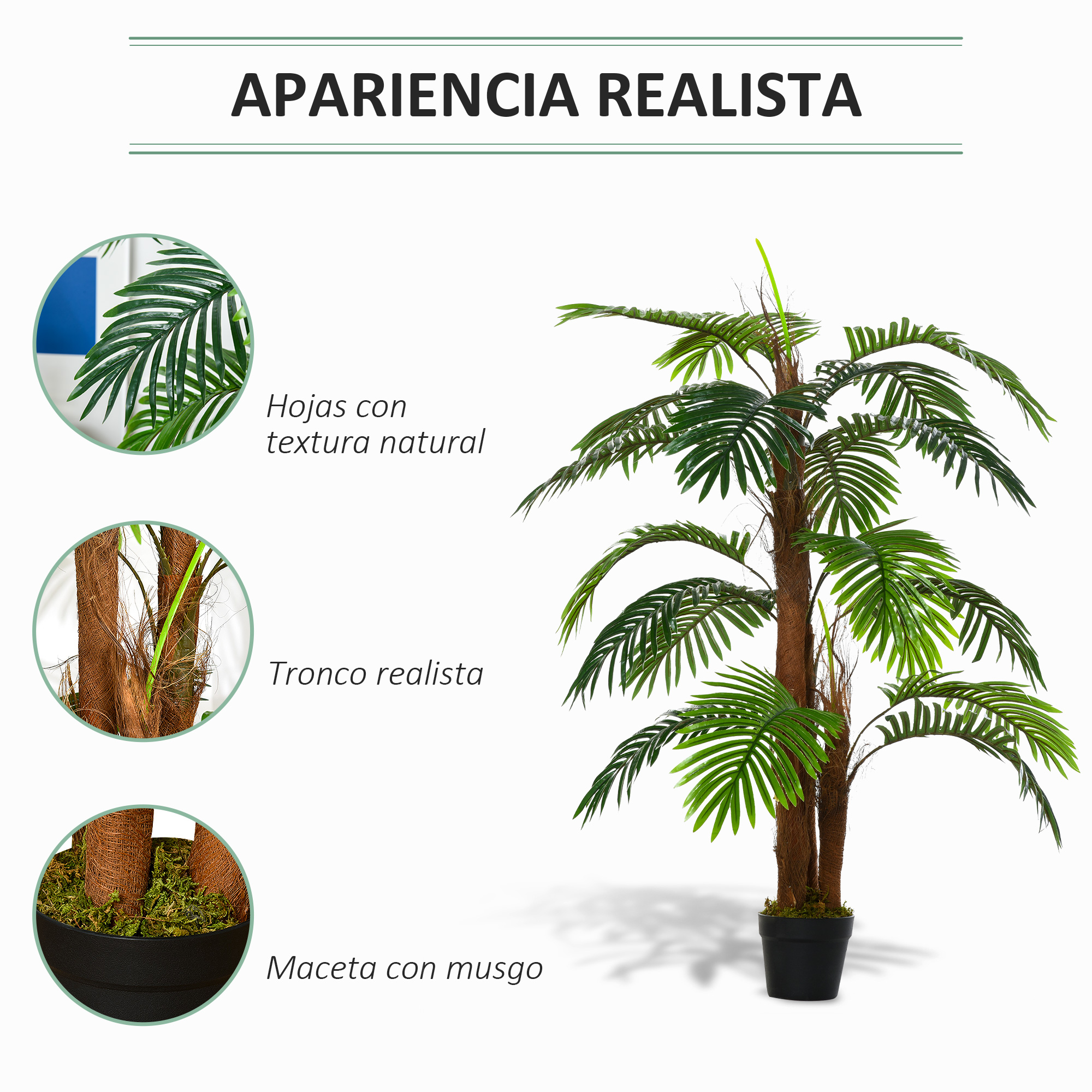 Palmeira artificial Outsunny, 120 cm de altura, árvore artificial com 3 troncos e 19 folhas para decoração de casa, escritório e exterior, Ø16x120 cm, verde