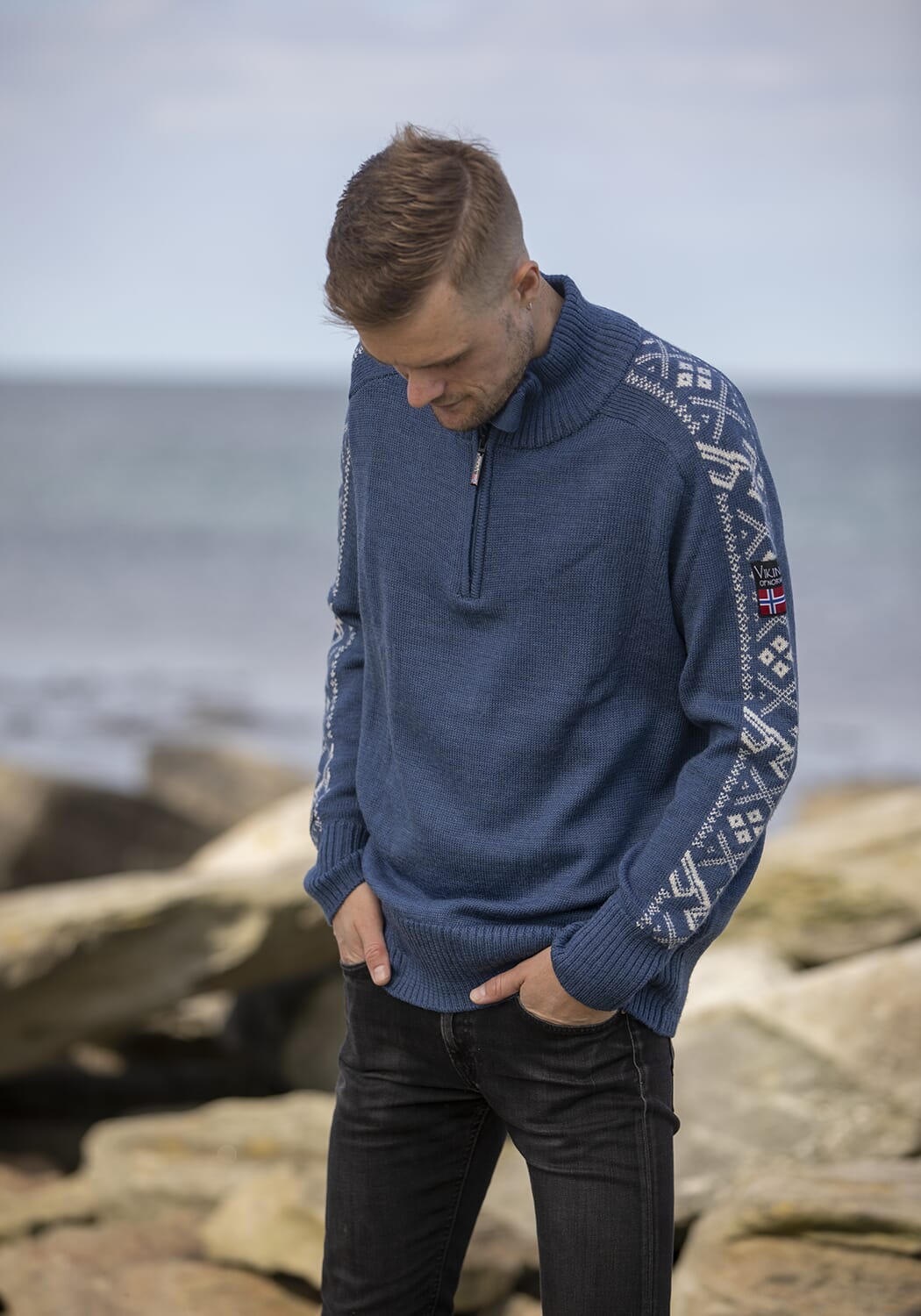 Springeren Ullgenser m/armprint Blå - Viking Of Norway