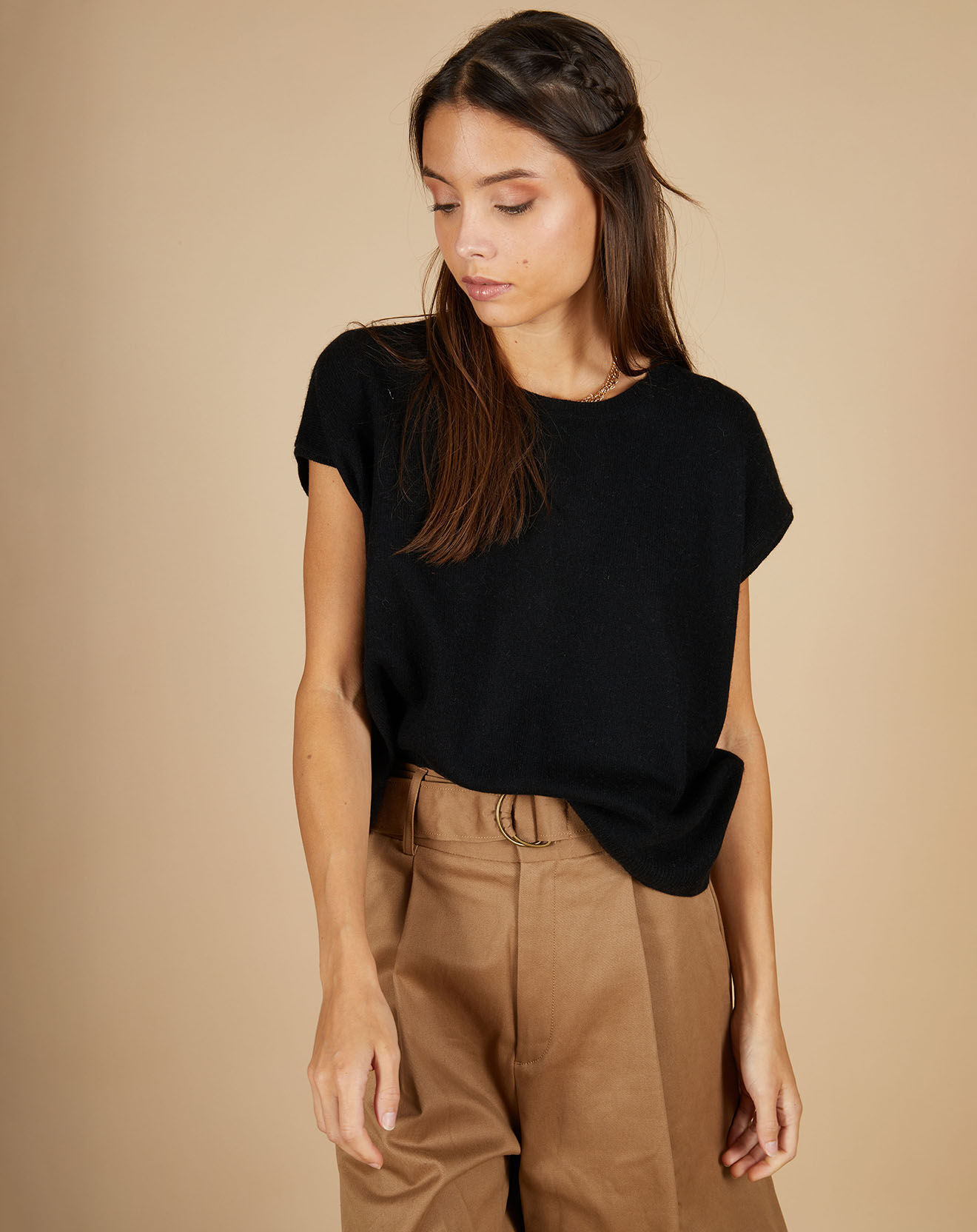 Cashmere Tribu Pull 100% Cachemire manches courtes Charline boutons au dos noir