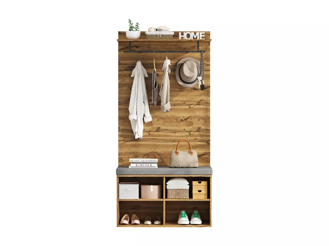 Vestiaire avec porte manteau et un banc à chaussures - étagères réglables - Naturel