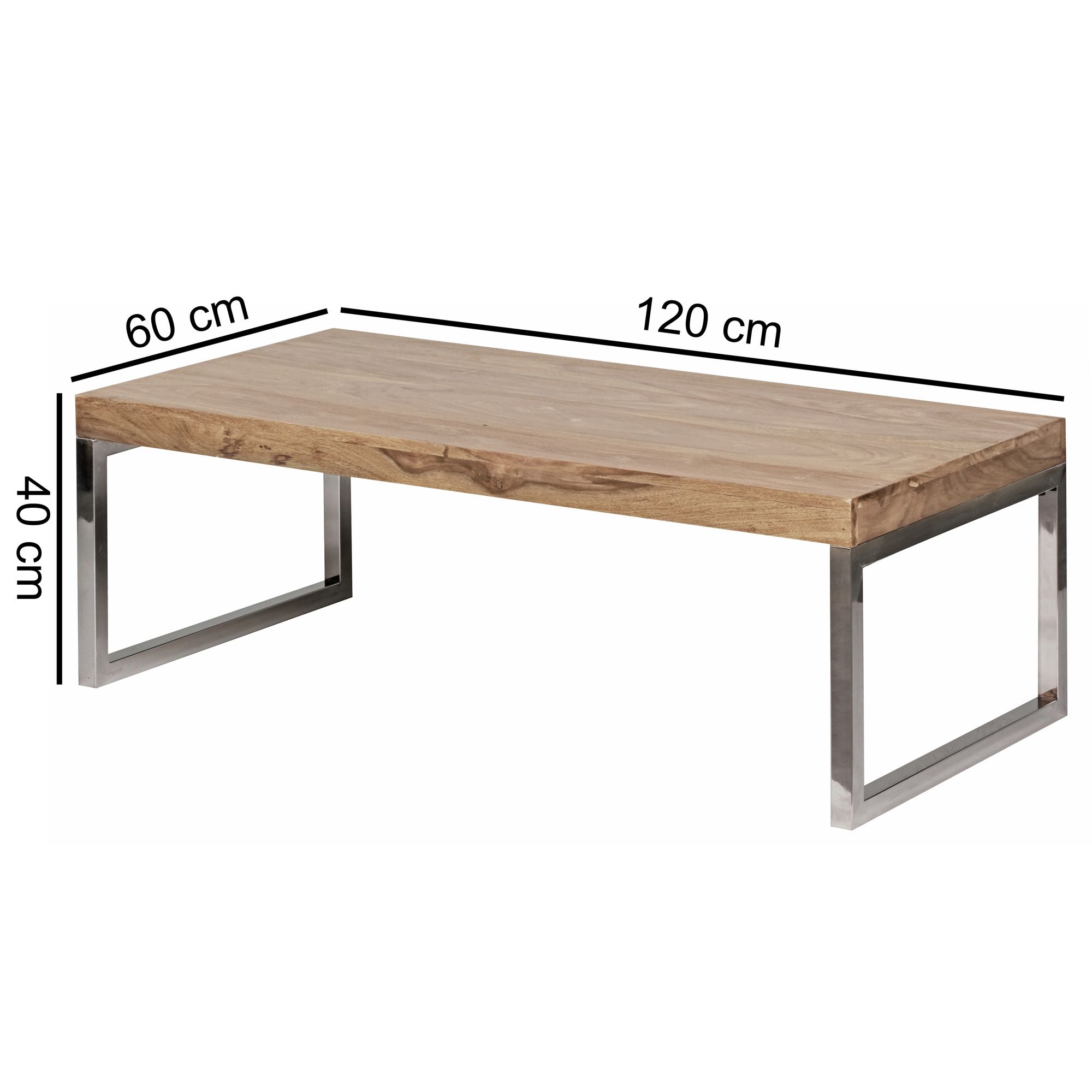 KADIMA DESIGN Couchtisch ISEN: Massivholz, Chromfüße, 120x40x60 cm, handgefertigt, Sheesham/Akazie.