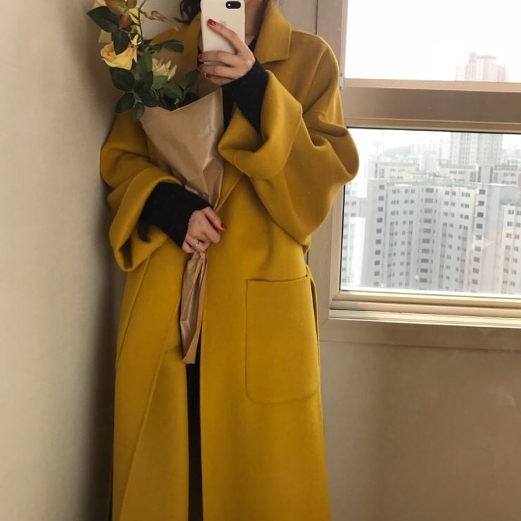 Coris - Notch Lapel Plain Midi Sashed Coat