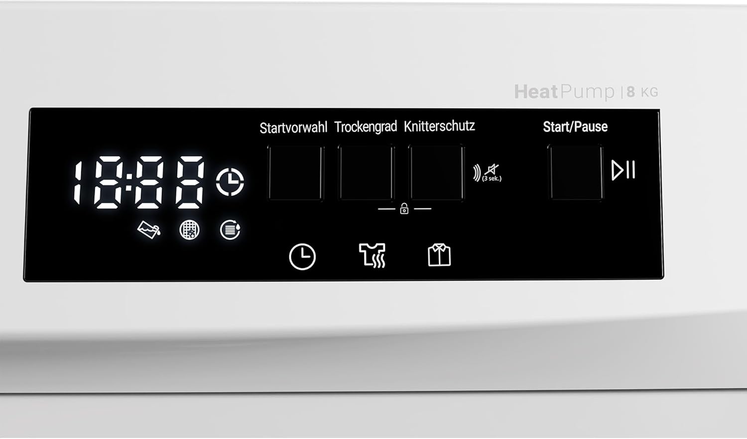 Daewoo T8HT1WA3DE Wärmepumpentrockner, C, 8 kg, Programmknebel und SoftTouch-Bedienung mit LED-Display, 15 Programme, Trommelinnenbeleuchtung, Weiß