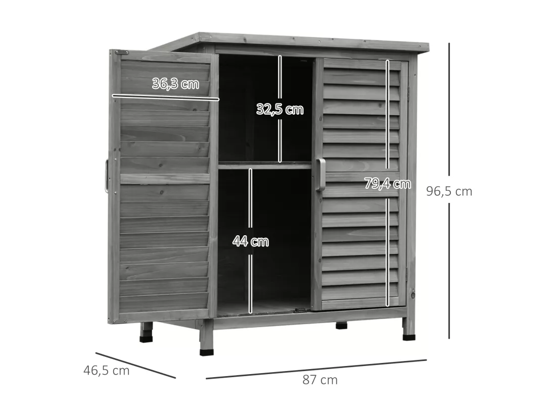 Armoire de jardin abri jardin remise pour outils sur pied dim. 87L x 46l x 96H cm étagère portes persiennes toit bitumé bois sapin autoclave gris