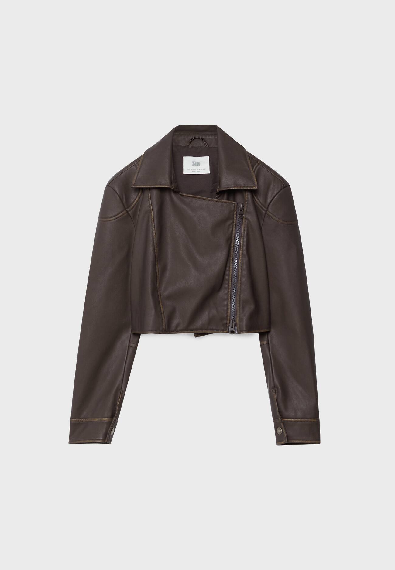 Jaqueta de couro sintético cropped estilo motociclista