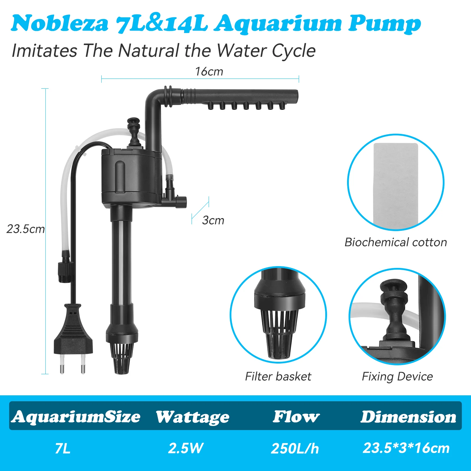 Bomba submersível para aquário Nobleza - 7L (250 L/H, 2,5 W), com oxigenação.
