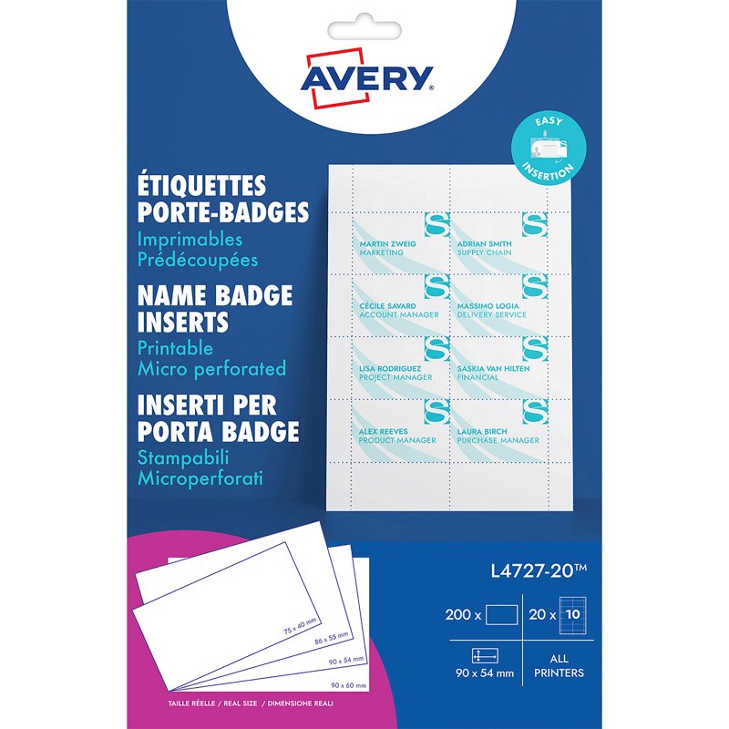 Inserts microperforés Avery L4727 pour badge 54 x 90 mm - Boîte de 200