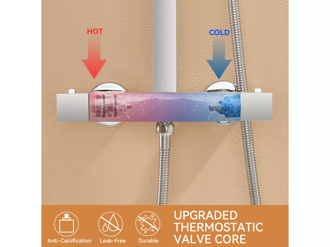 Colonne Douche Thermostatique Hauteur Réglable entre 96-130cm,avec Pommeau Douche 30x30CM,Chromé+Porte Serviette Salle Bain Adhésif/Perçage,Brossé