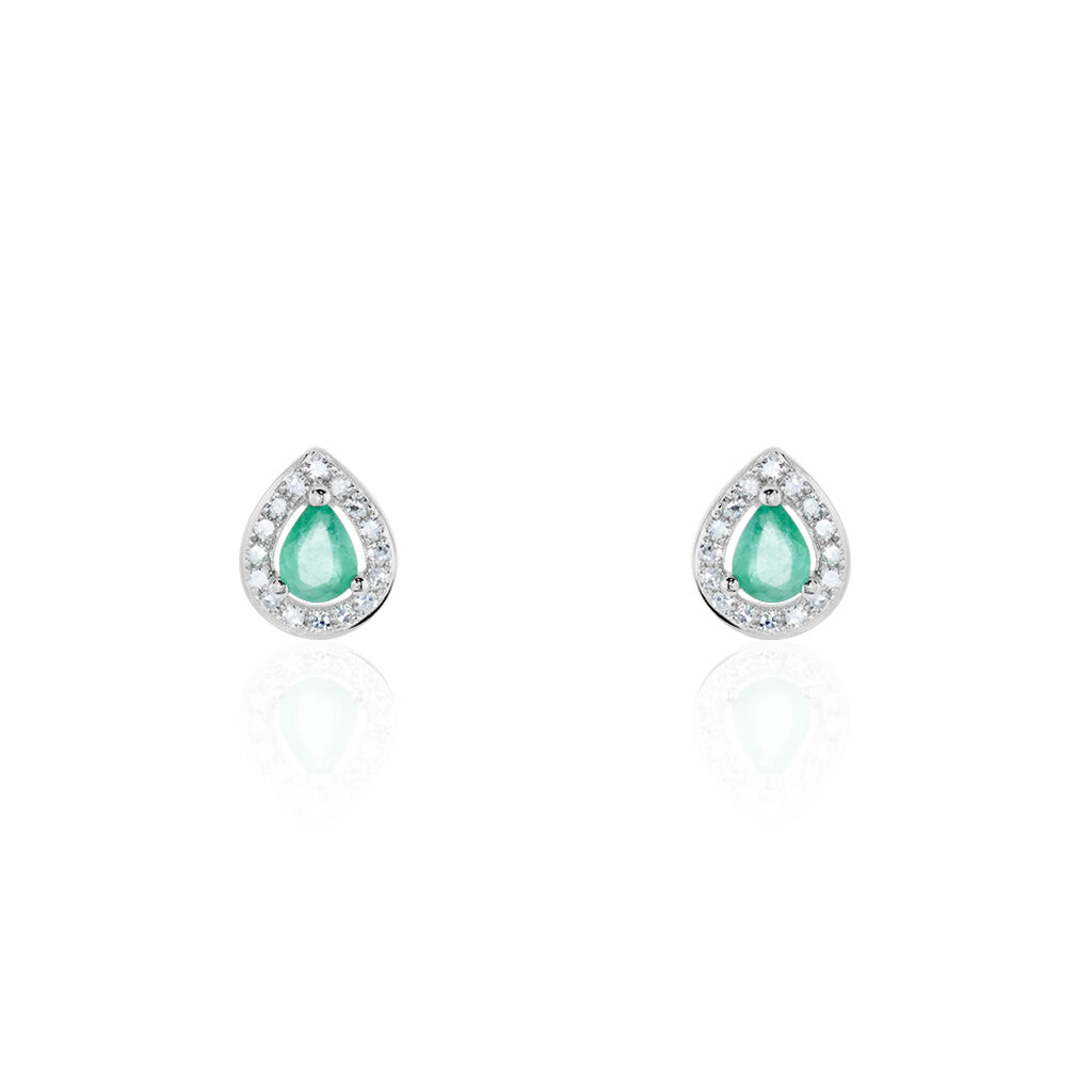 Boucles D'oreilles Puces Elheme Or Blanc Emeraude Et Diamant