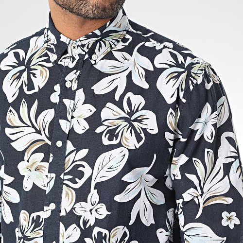 Chemise Manches Longues Summer Linen Print Bleu Marine Blanc Floral