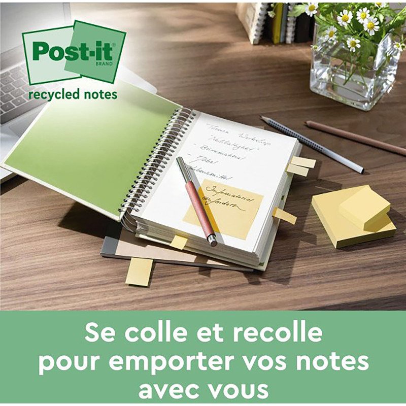 Notes repositionnables recyclées jaunes Post-it 38 x 51 mm - bloc de 100 feuilles