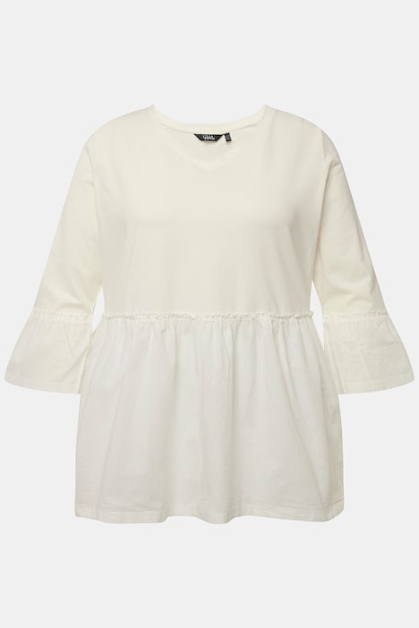 T-Shirt, Volantsaum, A-Linie, V-Ausschnitt, 3/4-Arm