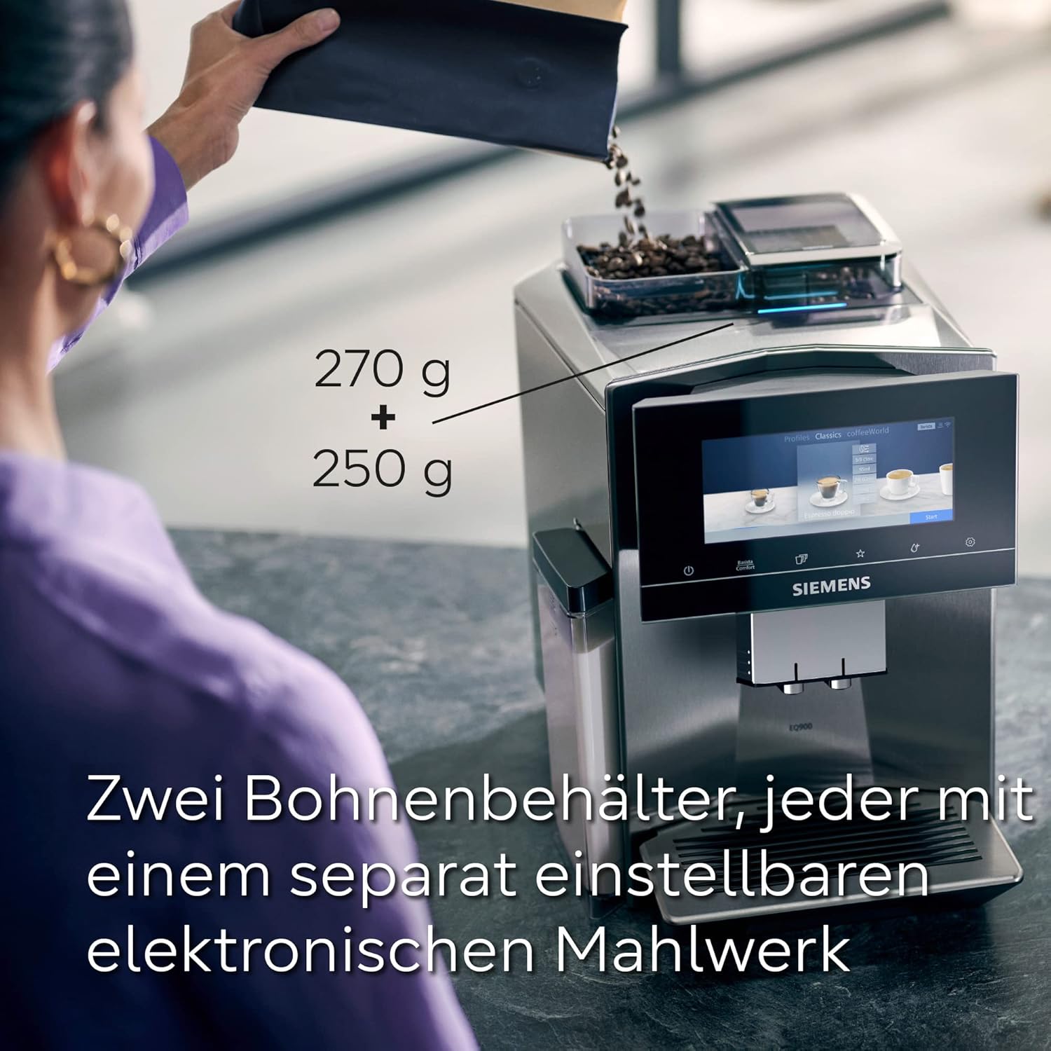 Siemens, machine à café automatique EQ900 TQ903D03, contrôle par l'application, écran tactile, mode barista, AromaBoost, réduction du bruit, broyeur premium, nettoyage à la vapeur, 1 500 W, inox