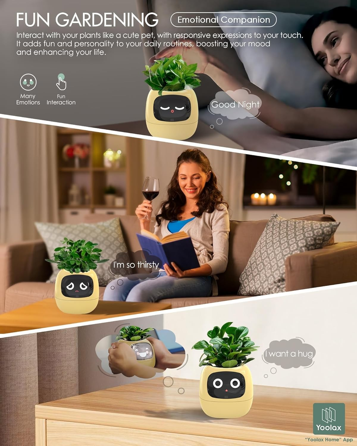 (9x9cm) Intelligenter Mini USB Blumentopf Home Deko Pflanzen Übertopf mit 40 Emotionen / LCD Display inkl. Kieselsteine (iOS/Android) - Ivy / Gelb