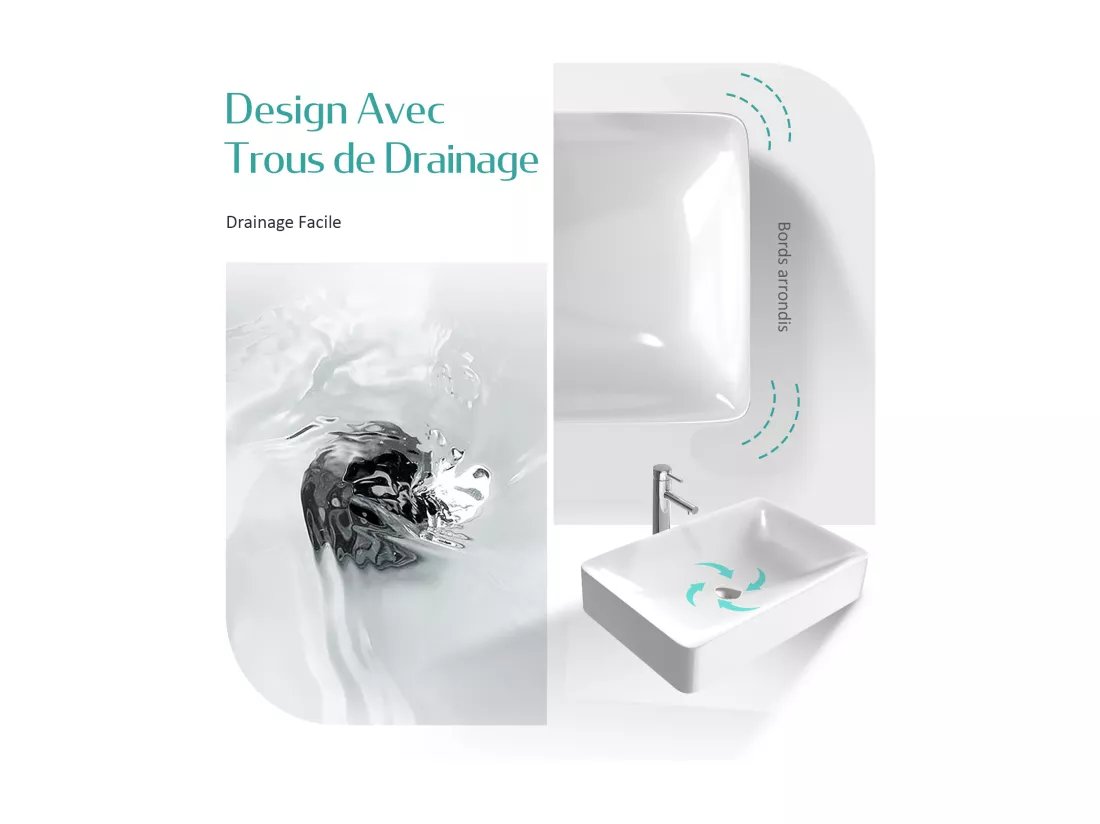 EMKE Vasque à Poser en céramique 59,5×39,5×12cm, Lavabo salle de bain rectangulaire, Lavabo à poser blanc brillant