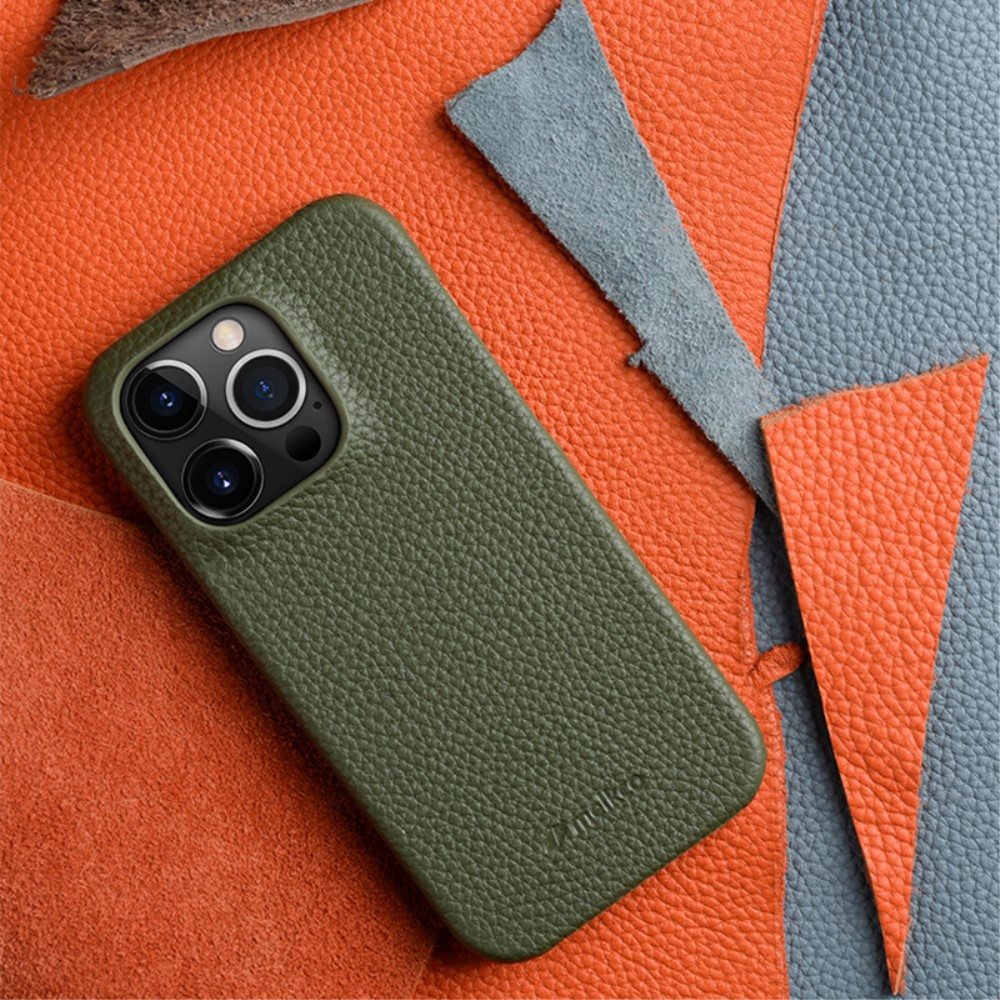 iPhone 14 Echtleder Hardcase Hülle Litchi Look - Dunkelblau