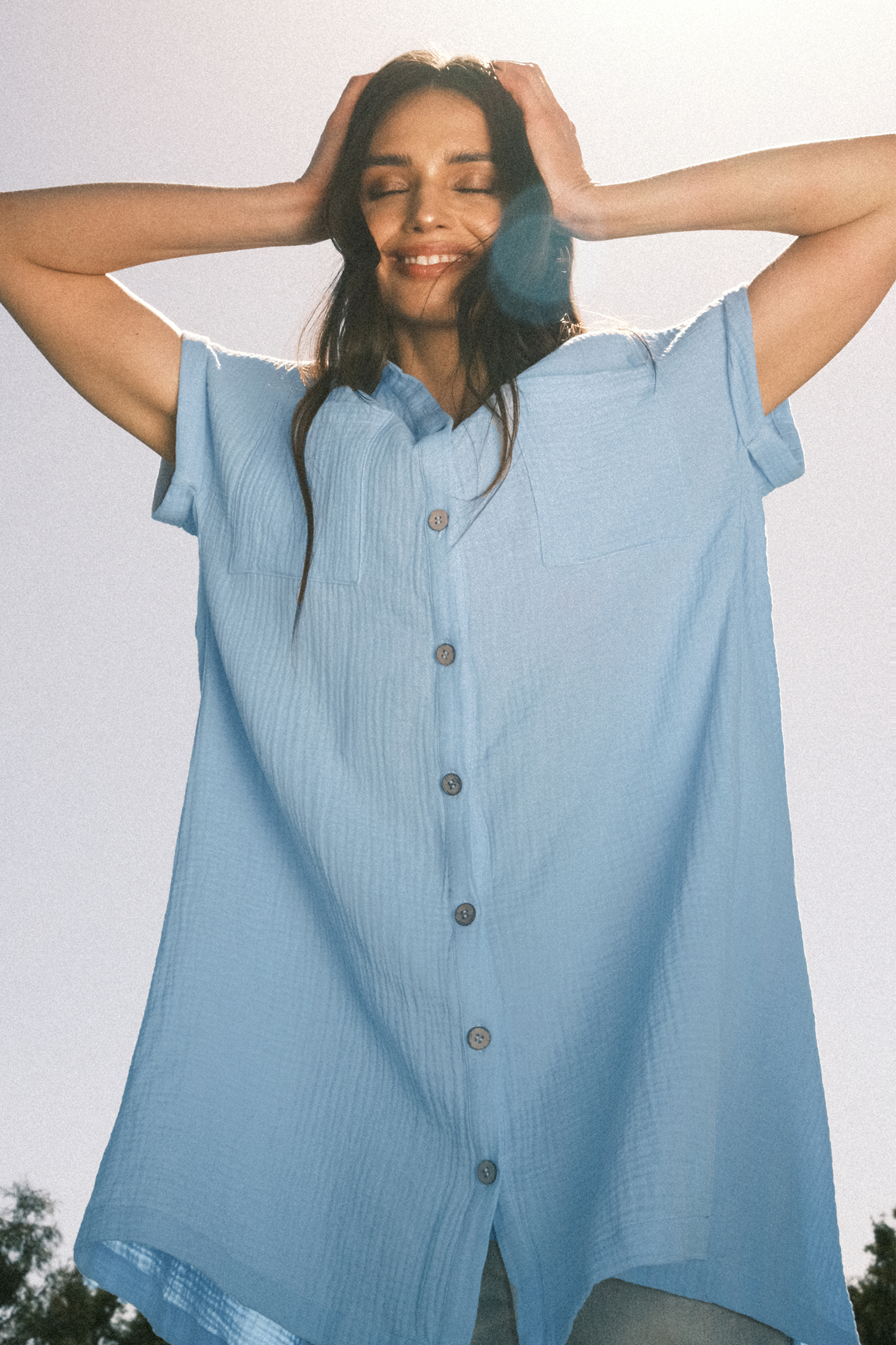 Robe à col chemise en pur coton avec poches et boutons