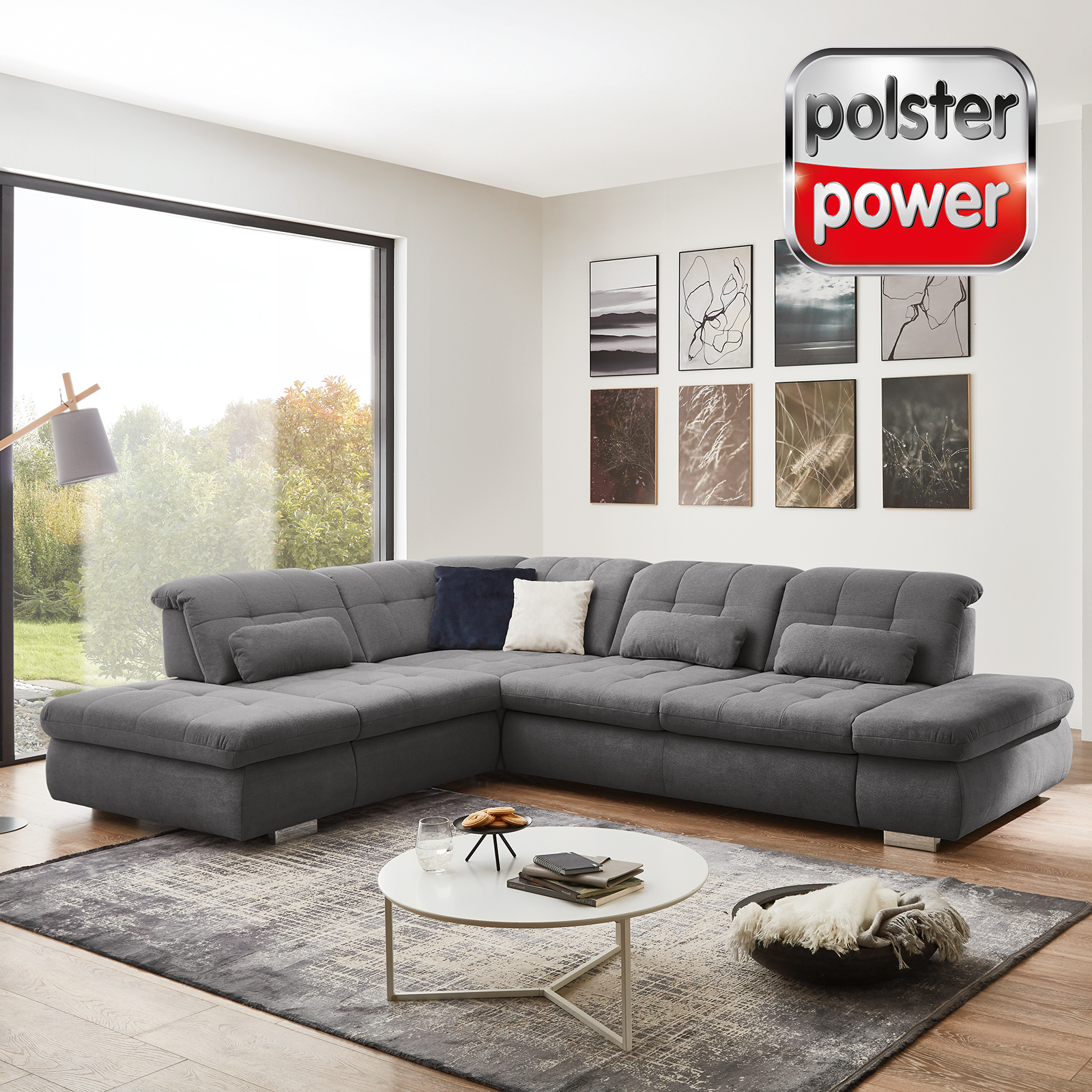 polsterpower Ecksofa - grau - Basismodell - Anstellhocker links